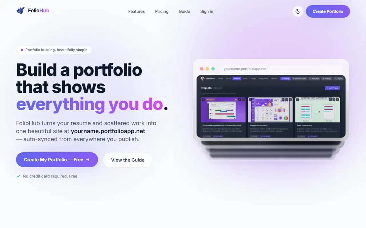FolioHub's live homepage: “Build a portfolio that shows everything you do.”